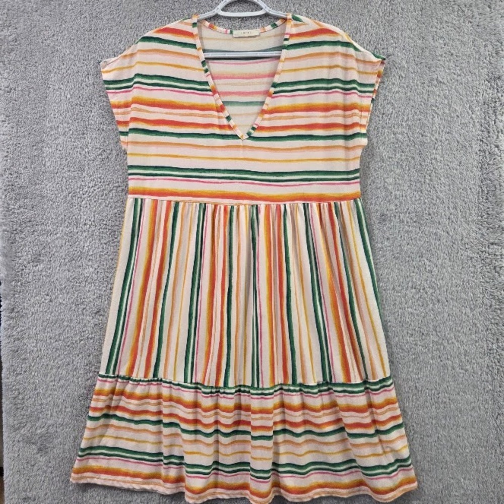 Entro Babydoll Dress Women's Large Multi-Color‎ Striped V-Neck Tiered Mini